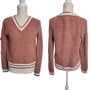 Love tree v Neck Cable Knit sweater Sz Large Pink/white